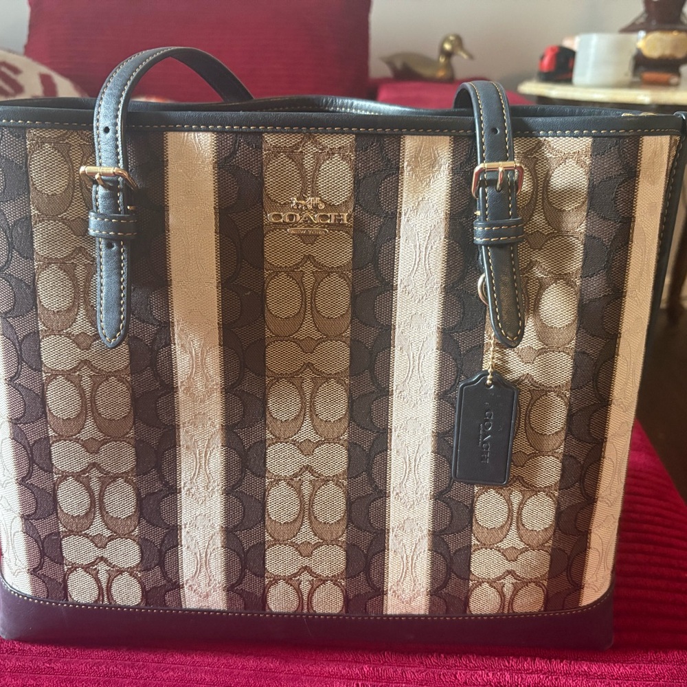 Coach Canvas Stripe Tote in Brown & Tan with Dark Leather Trim